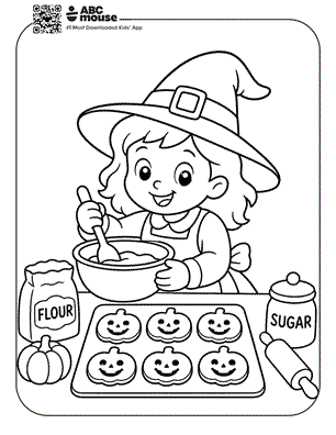 Girl in a witch hat stirs batter in a bowl; a tray of pumpkin-faced cookies sits on the table with flour and sugar jars nearby.