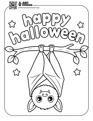 Upside-down bat hanging from a branch with leaves and stars around; 'happy halloween' curved text at top—coloring page for Halloween.