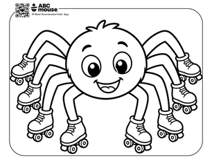 Happy cartoon spider with eight legs wearing roller skates.