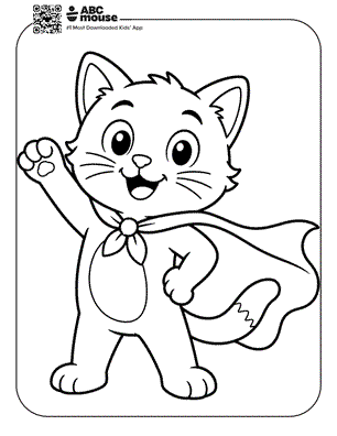 Cartoon kitten superhero with cape, waving a paw.