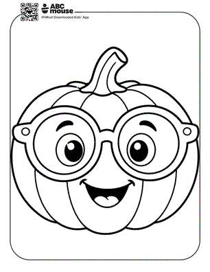 Smiling pumpkin wearing large round glasses, cartoon style used as a friendly children's illustration.