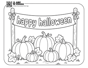 Coloring-page scene: pumpkins and autumn leaves arranged under a curved banner reading 'happy halloween'.
