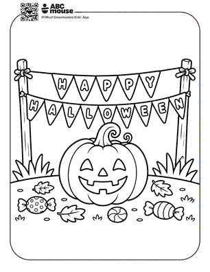 Line drawing of a Halloween scene: a carved smiling pumpkin on a grassy hill, candy on the ground, and a 'Happy Halloween' banner between two posts.