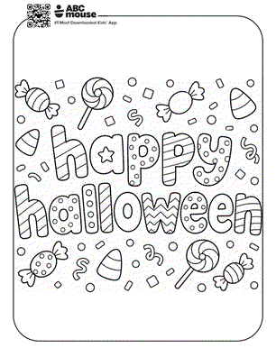 Coloring page featuring the words 'happy halloween' in large bubbly letters, surrounded by candy shapes and confetti patterns; ABCmouse watermark in the top corner.