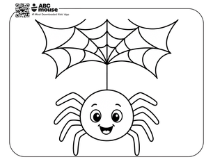 Smiling cartoon spider hanging from a spiderweb above, on a rounded-border page edge.