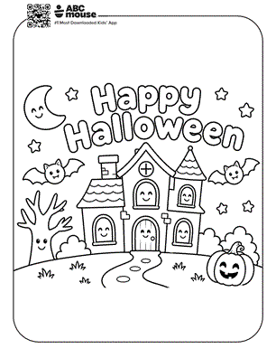 Line drawing of a friendly Halloween scene: a haunted house on a winding path, with a pumpkin, bare tree, bats, stars, crescent moon, and the words 'Happy Halloween' above.