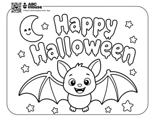 Cute smiling bat under a 'Happy Halloween' banner with stars and a crescent moon in a bordered illustration.