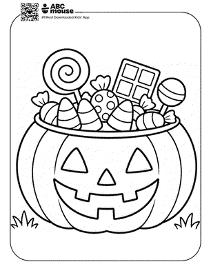 Jack-o'-lantern candy bucket overflowing with Halloween treats (lollipops, candy, chocolate bar).