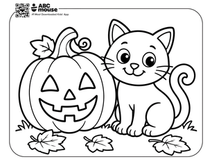 Cute pumpkin with a carved jack-o'-lantern beside a smiling cat, autumn leaves scattered on the ground.