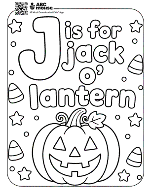 Coloring page for 'J is for jack o'lantern' with a grinning pumpkin, stars, and candy corn around a rounded border.