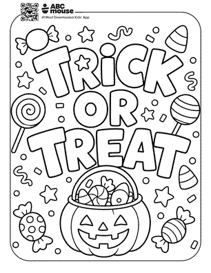 Coloring page with 'TRICK OR TREAT', a pumpkin bucket full of candy, and assorted Halloween treats like lollipops and wrapped candies.