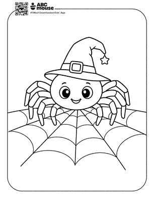 Smiling spider wearing a pointed witch's hat sits on a large spider web, framed page for kids.