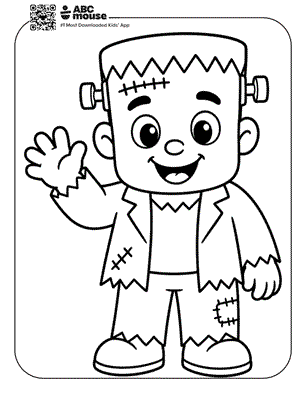 Friendly cartoon Frankenstein character waving, wearing a tattered suit and boots, with bolts on the sides of his head.
