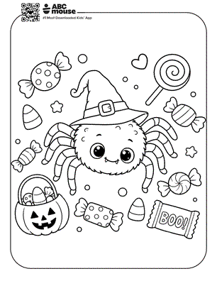 Cute spider wearing a witch's hat, surrounded by Halloween candy, a jack-o'-lantern bucket, lollipops, and a 'BOO!' sign.