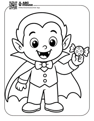 Cute cartoon young vampire in a suit and cape with fangs and a bow tie, holding a small round cookie with wings in his right hand.
