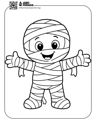 Cheerful cartoon mummy with bandages wrapped around body, arms outstretched and smiling.