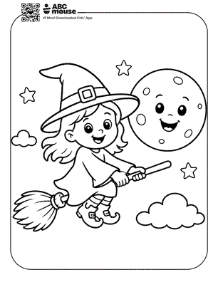 Young witch in a pointed hat rides a broom through the night sky, with a smiling moon and stars.