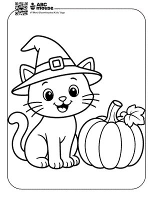 Cute cartoon kitten wearing a witch hat sits beside a pumpkin.