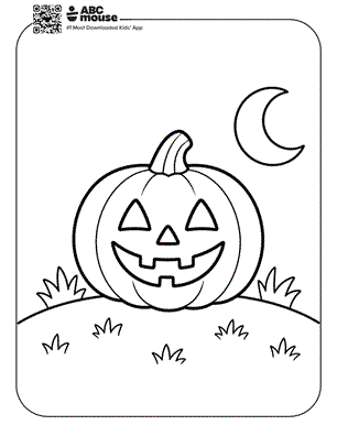 Halloween-themed line drawing of a grinning jack-o'-lantern on a grassy hill with a crescent moon in the sky