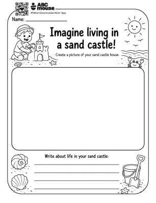 Worksheet titled 'Imagine living in a sand castle!' featuring a drawing area and lines to write about life in your sand castle; decorative sand toys, shells, a bucket and shovel surround, with a child building a sandcastle on the left and a sun in the sky on the right.
