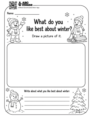 Winter-themed worksheet with two kids in winter clothing, a snowman, a sled, and a pine tree; space to draw and write about what you like best about winter.
