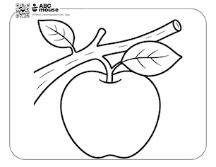 Large apple hanging from a leafy tree branch—free printable coloring page for kids from ABCmouse.com.