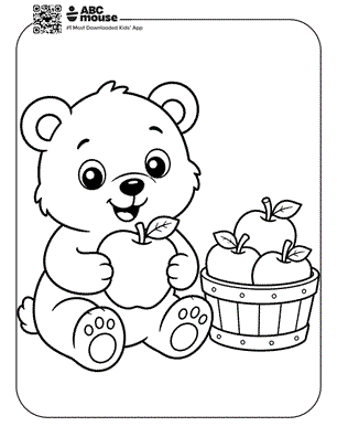 Cute bear holding an apple beside a basket of apples—free printable coloring page for kids from ABCmouse.com.