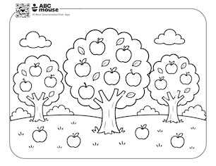 Apple orchard with three fruit-filled trees and fallen apples—free printable coloring page for kids from ABCmouse.com.