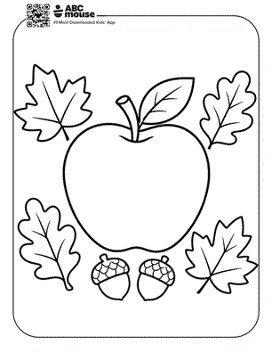 Large apple surrounded by autumn leaves and acorns—free printable coloring page for kids from ABCmouse.com.