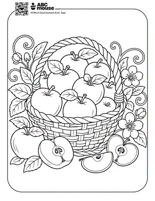Harvest basket overflowing with apples and surrounded by leaves and sliced apples—free printable coloring page for kids from ABCmouse.com.