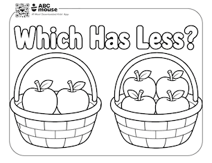 Two baskets of apples for a “Which Has Less?” counting activity—free printable coloring page for kids from ABCmouse.com.