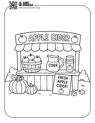 Fall apple cider stand with apples, pumpkins, cider, and a “Fresh Apple Cider” sign—free printable coloring page for kids from ABCmouse.com.
