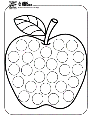 Large apple with circles for dot marker coloring—free printable coloring page for kids from ABCmouse.com.