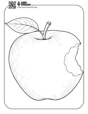Detailed apple with a large bite taken out of it—free printable coloring page for kids from ABCmouse.com.