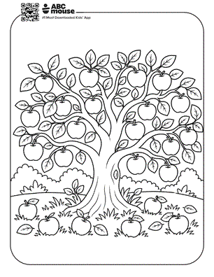 Large apple tree filled with apples, with fallen apples on the ground—free printable coloring page for kids from ABCmouse.com.
