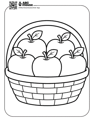 Basket filled with six apples, each with leaves—free printable coloring page for kids from ABCmouse.com.