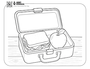 Apple packed inside an open lunchbox with a sandwich—free printable coloring page for kids from ABCmouse.com.