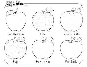 Six apple varieties labeled Red Delicious, Gala, Granny Smith, Fuji, Honeycrisp, and Pink Lady—free printable educational coloring page for kids from ABCmouse.com.