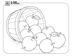 Basket tipped over with apples spilling onto the ground—free printable coloring page for kids from ABCmouse.com.