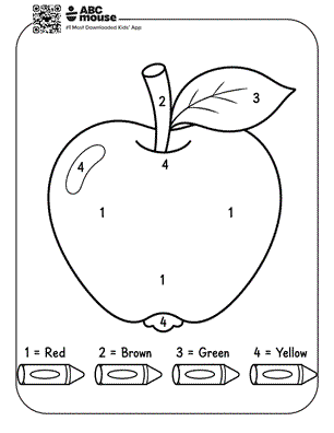 Large numbered apple with a color key for a color-by-number activity—free printable coloring page for kids from ABCmouse.com.