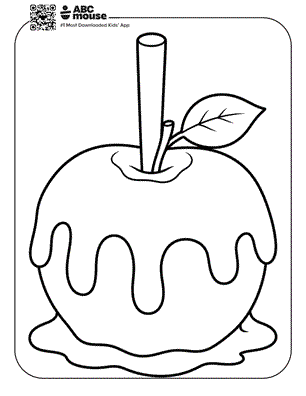 Caramel-covered apple with a stick, leaf, and dripping coating—free printable coloring page for kids from ABCmouse.com.