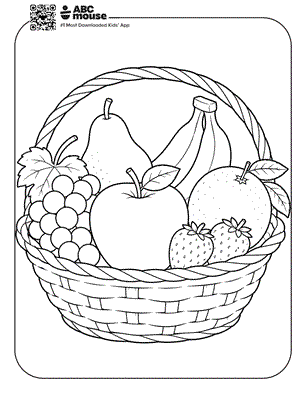 Woven fruit basket filled with an apple, pear, banana, grapes, and strawberries—free printable coloring page for kids from ABCmouse.com.