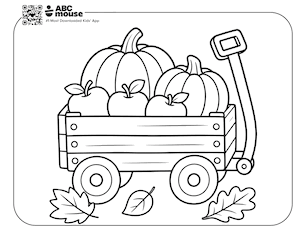 Wooden harvest wagon filled with apples and pumpkins and surrounded by fall leaves—free printable coloring page for kids from ABCmouse.com.