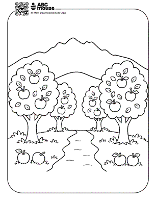 Apple orchard with fruit-filled trees, fallen apples, a walking path, and mountains—free printable coloring page for kids from ABCmouse.com.