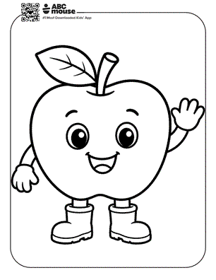 Smiling cartoon apple character wearing boots and waving—free printable coloring page for kids from ABCmouse.com.