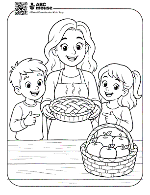 Mother and two children proudly holding a freshly baked apple pie beside a basket of apples—free printable coloring page for kids from ABCmouse.com.