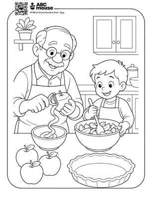 Grandfather peeling apples while his grandson mixes apple pie filling in a bowl—free printable coloring page for kids from ABCmouse.com.