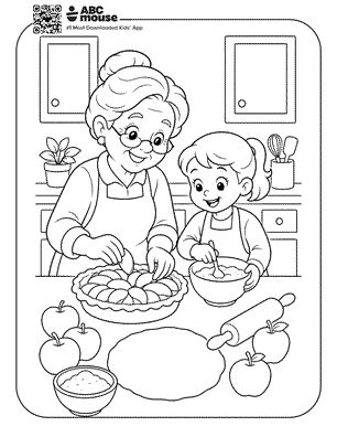 Grandmother and granddaughter preparing an apple pie together in the kitchen—free printable coloring page for kids from ABCmouse.com.