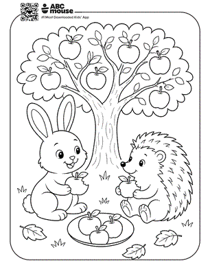 Cute bunny and hedgehog sharing apples beneath an apple tree—free printable coloring page for kids from ABCmouse.com.