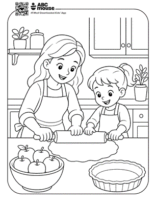 Mother and daughter rolling out pie dough together beside apples and a pie pan—free printable coloring page for kids from ABCmouse.com.